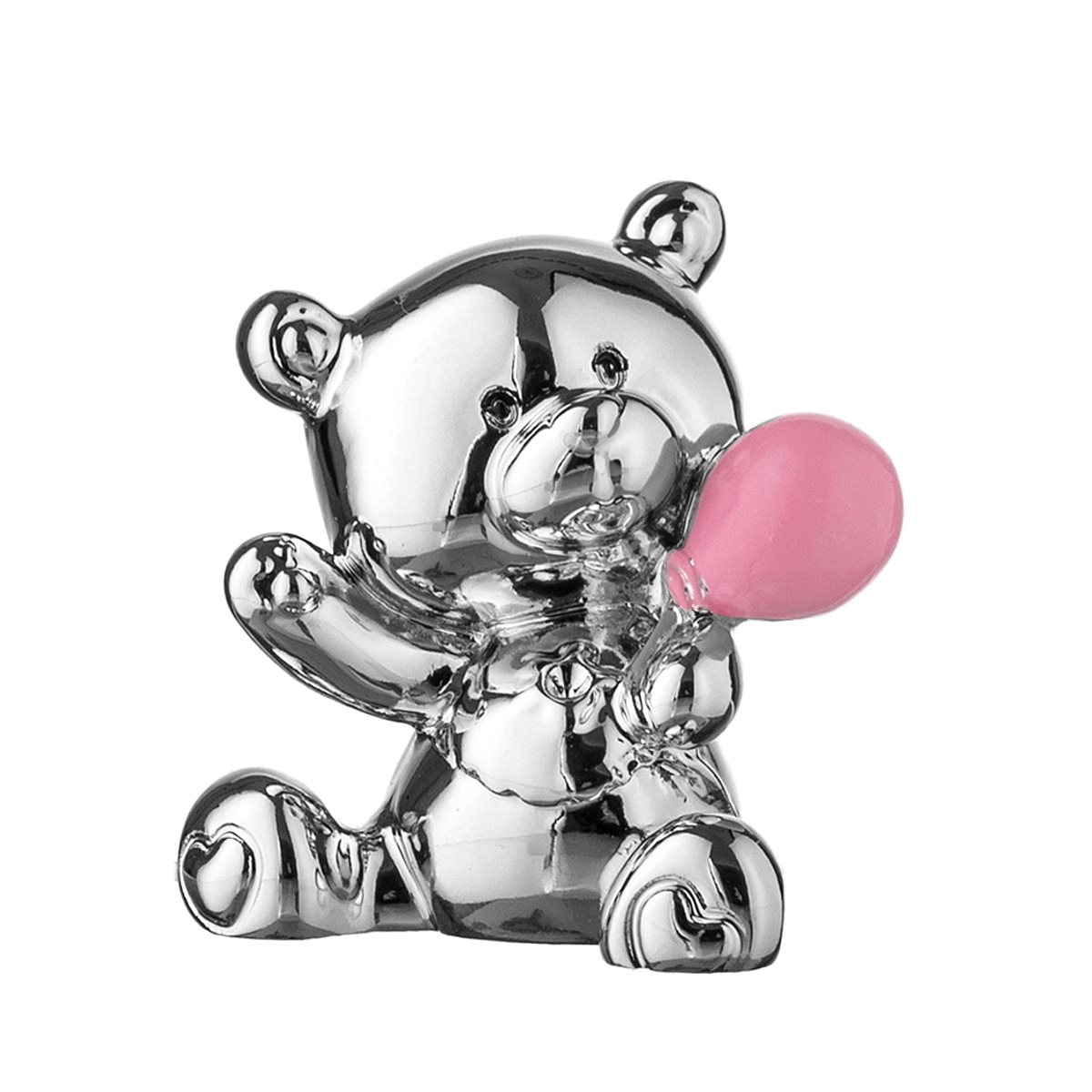 Bomboniera da battesimo per bimba con orsetto e palloncino in resina rosa e argentata e scatola regalo