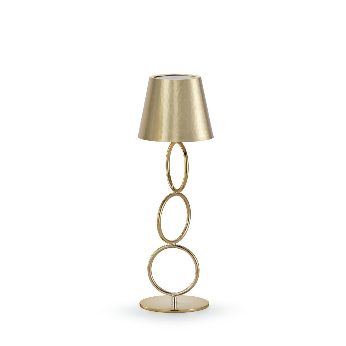 Lampada wireless mizar in ottone dorato spazzolato con stelo a cerchi, base tonda, illuminazione regolabile e ricarica usb