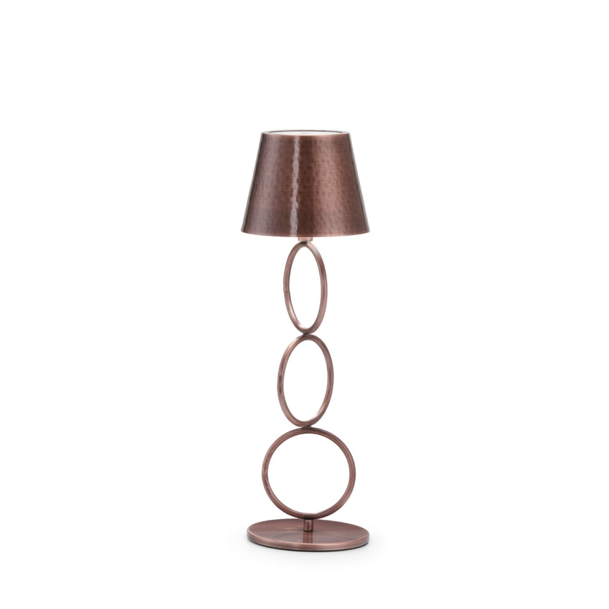 Lampada wireless mizar pro a stelo in ottone con finitura ramata anticata , stelo a cerchi, base tonda, illuminazione regolabile e ricarica usb