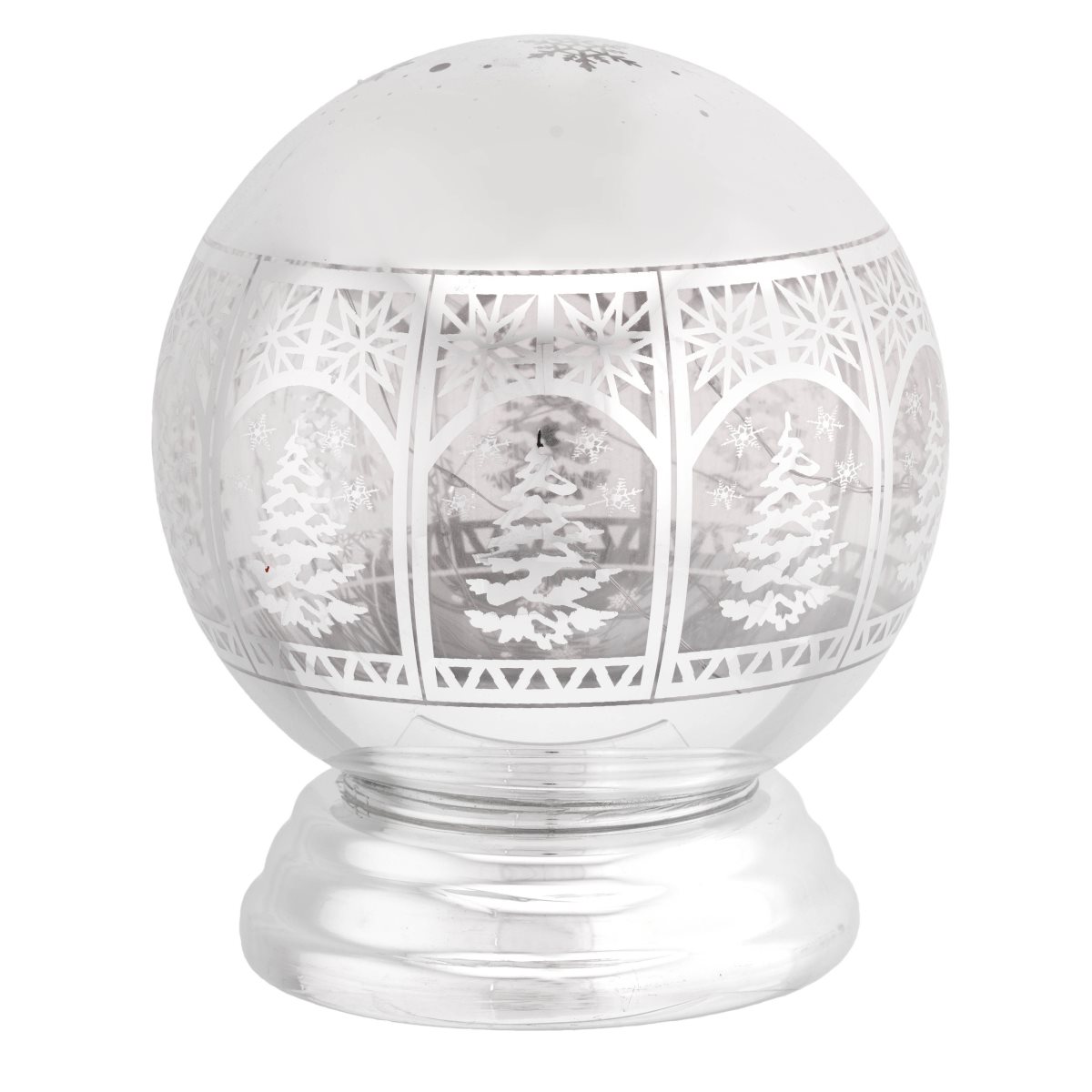 Lampada di ambientazione sferica in vetro satinato con decorazioni natalizie classiche e base argentata