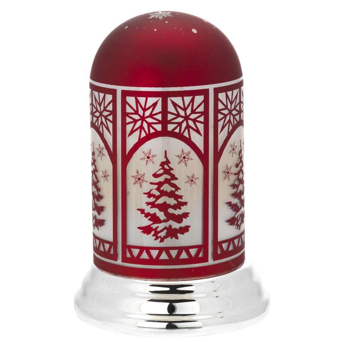 Lampada di ambientazione a cupola in vetro satinato con decorazioni natalizie classiche rosse e base argentata
