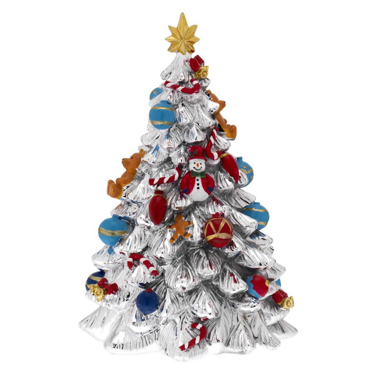 Albero di natale con carillon in resina argentata con dettagli colorati h. 21 cm