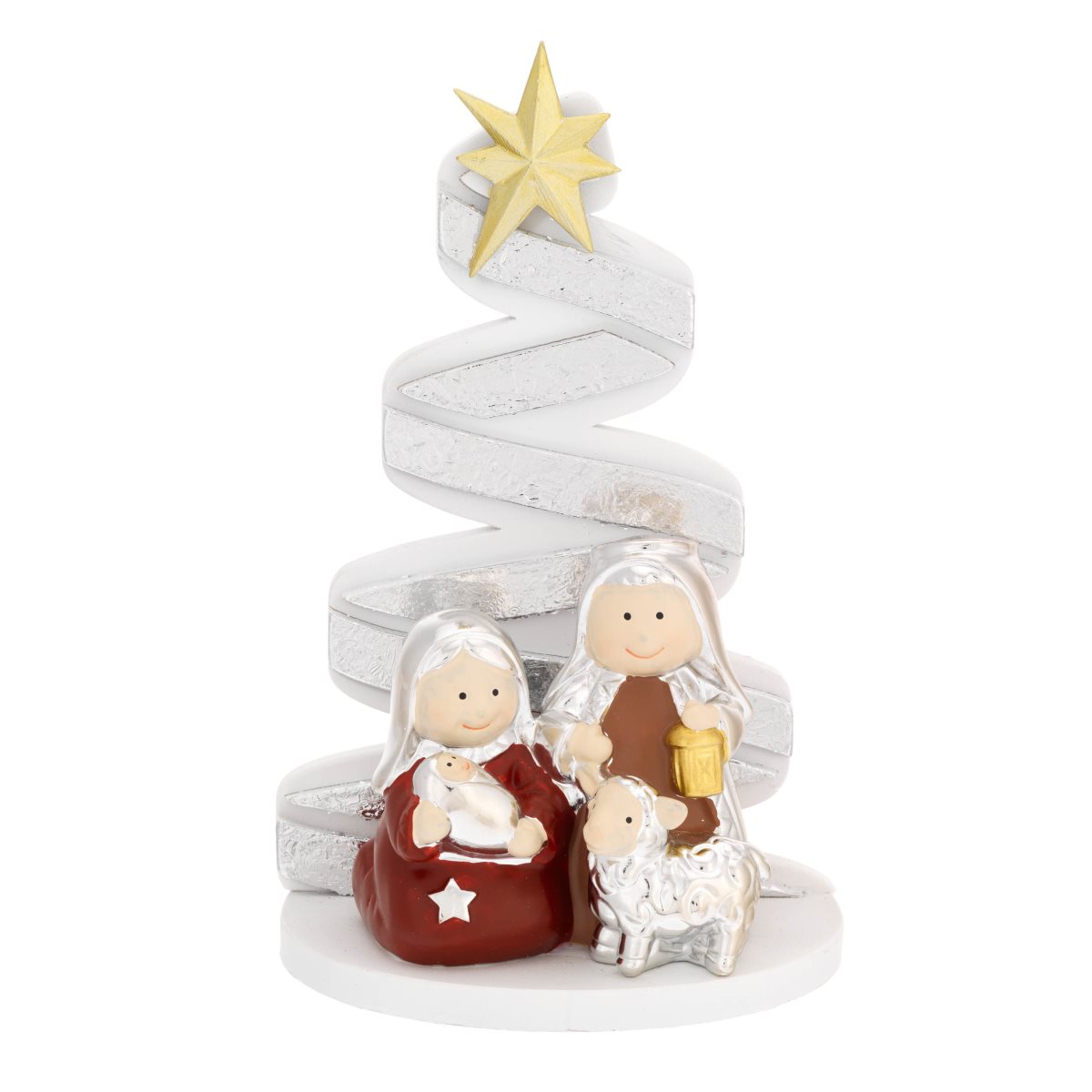 Presepe in resina bianca e colorata con albero di natale argentato misura grande