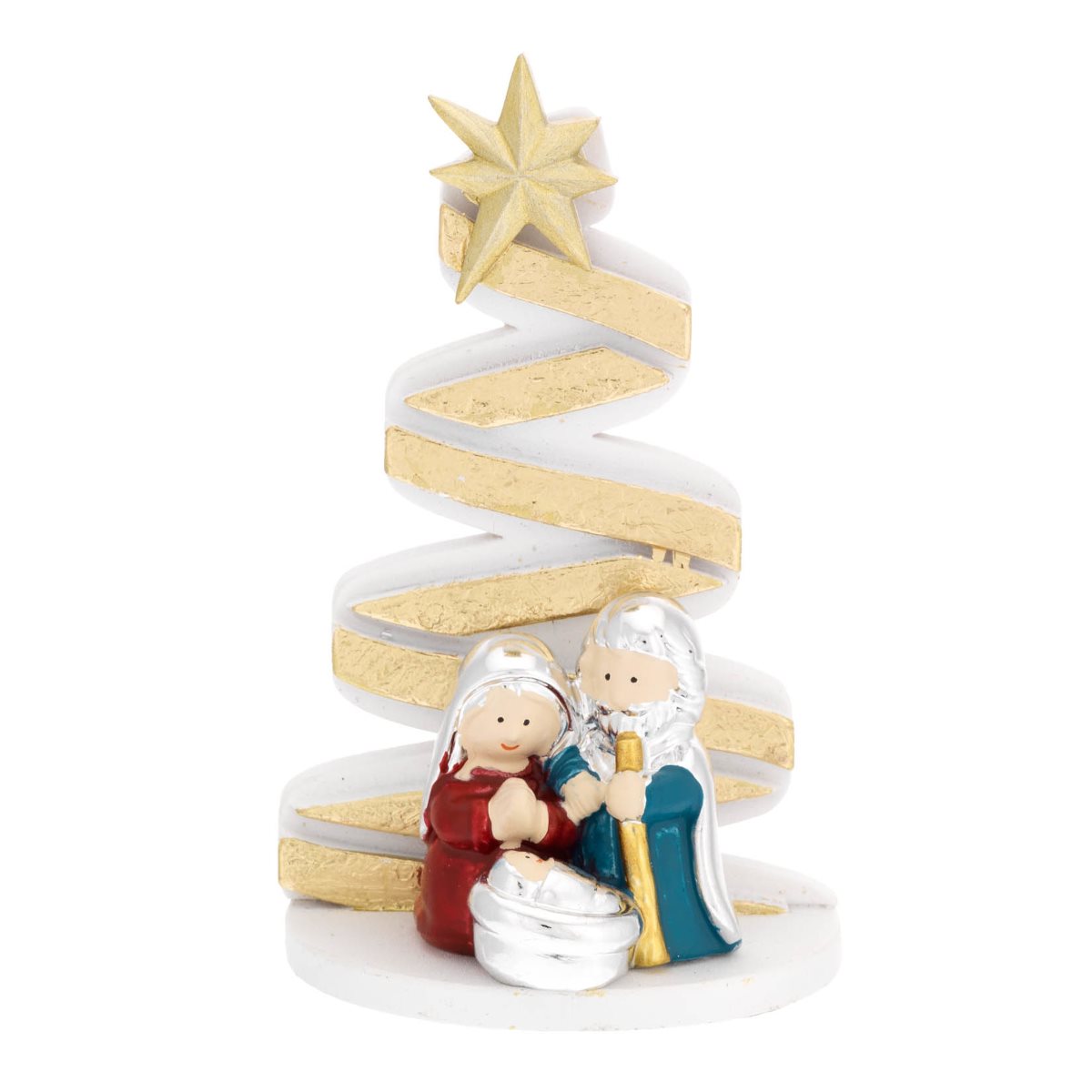 Presepe in resina bianca e colorata con albero di natale dorato misura piccola