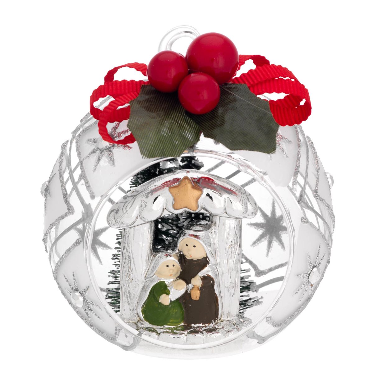 Mini-presepe con capanna in resina argentata e colorata in sfera natalizia di vetro decorata con glitter argentato
