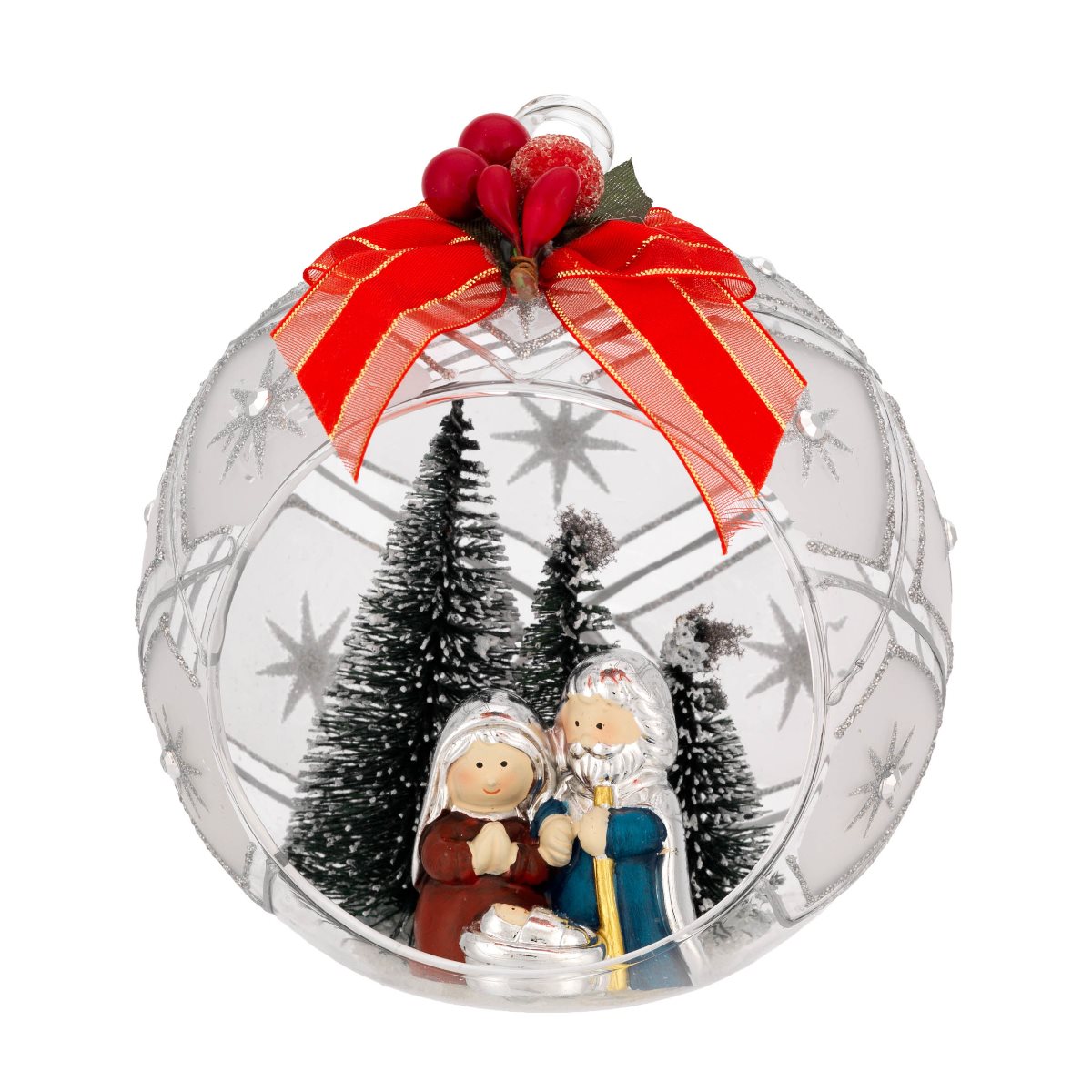 Sfera in vetro soffiato con decorazioni argentate e  presepe in resina colorata diam. 12 cm
