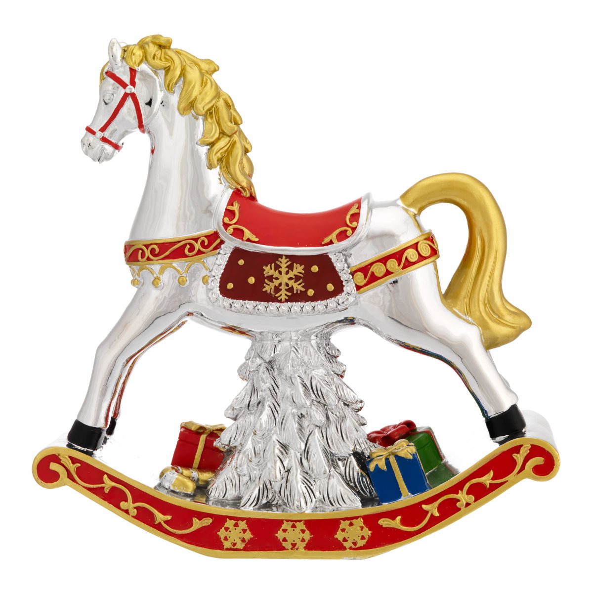 Cavallo a dondolo con carillon in resina argentata h. 21 cm