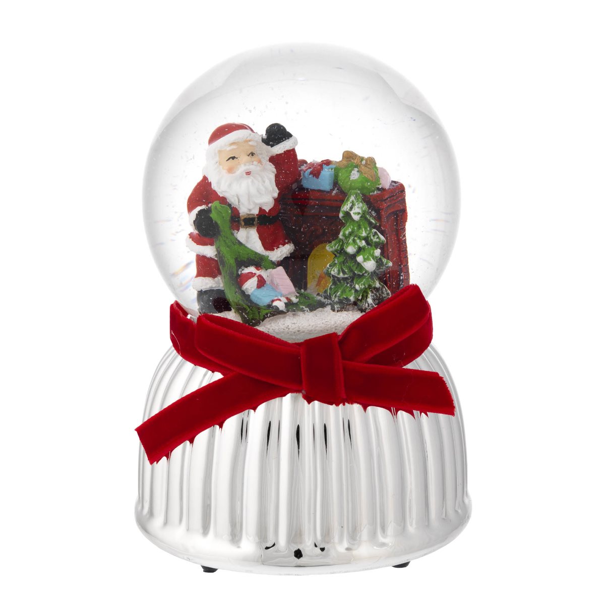 Boule de neige con carillon a molla e base argentata con babbo natale diam. 8 cm