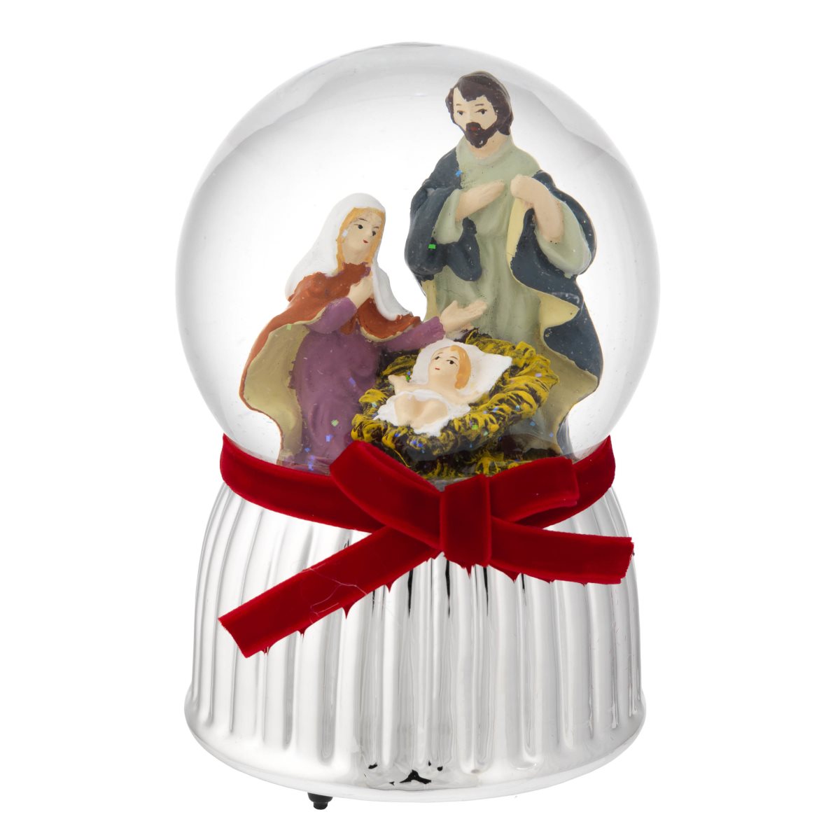 Boule de neige con carillon a molla e base argentata con presepe diam. 10 cm