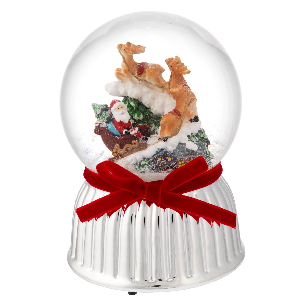 Boule de neige con carillon a molla e base argentata con babbo natale e renne diam. 12 cm