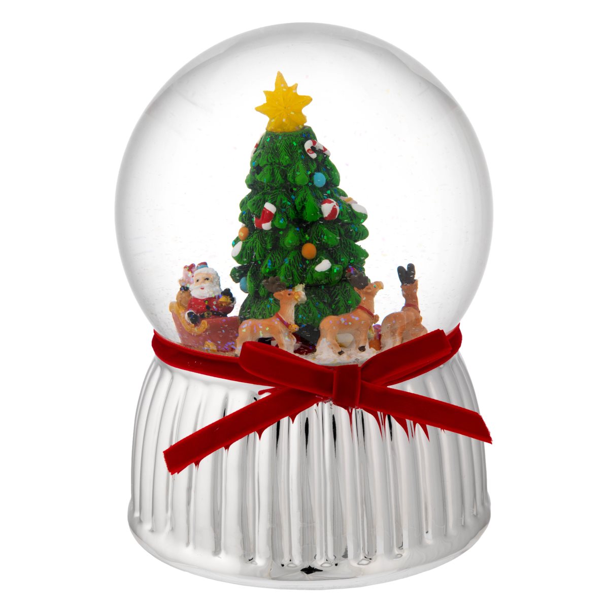 Boule de neige con carillon a molla e base argentata con albero di natale diam. 15 cm