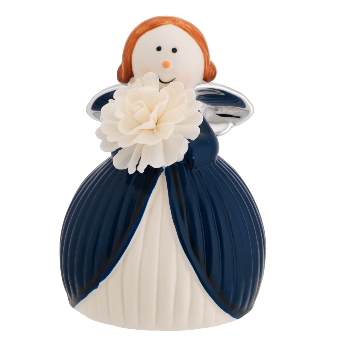 Profumatori per ambiente a forma di angelo in ceramica con veste blu e ali argentate h. 12 cm