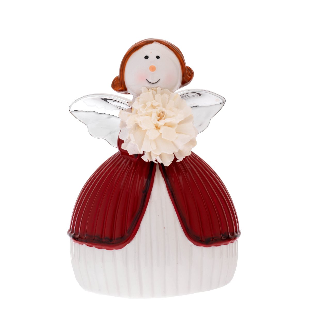 Profumatori per ambiente a forma di angelo in ceramica con veste rossa e ali argentate h. 17 cm