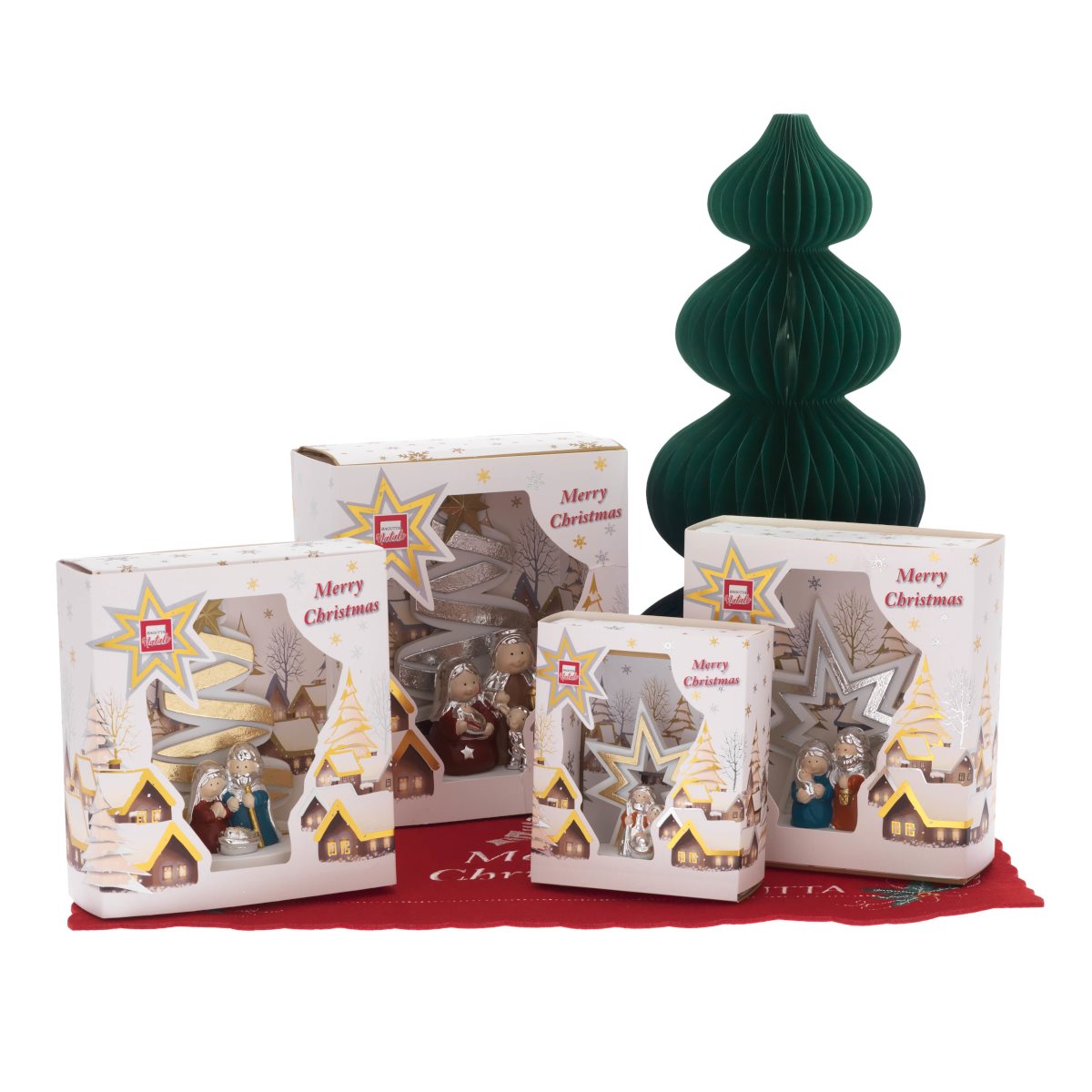 Expokit con 12 mini-presepi assortiti in resina argentata o dorata con albero di natale o stella sullo sfondo