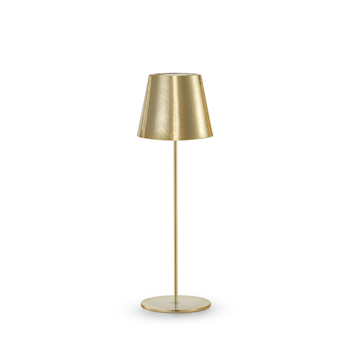Lampada wireless polaris in ottone dorato lucido con stelo sottile e dritto, illuminazione regolabile e ricarica usb