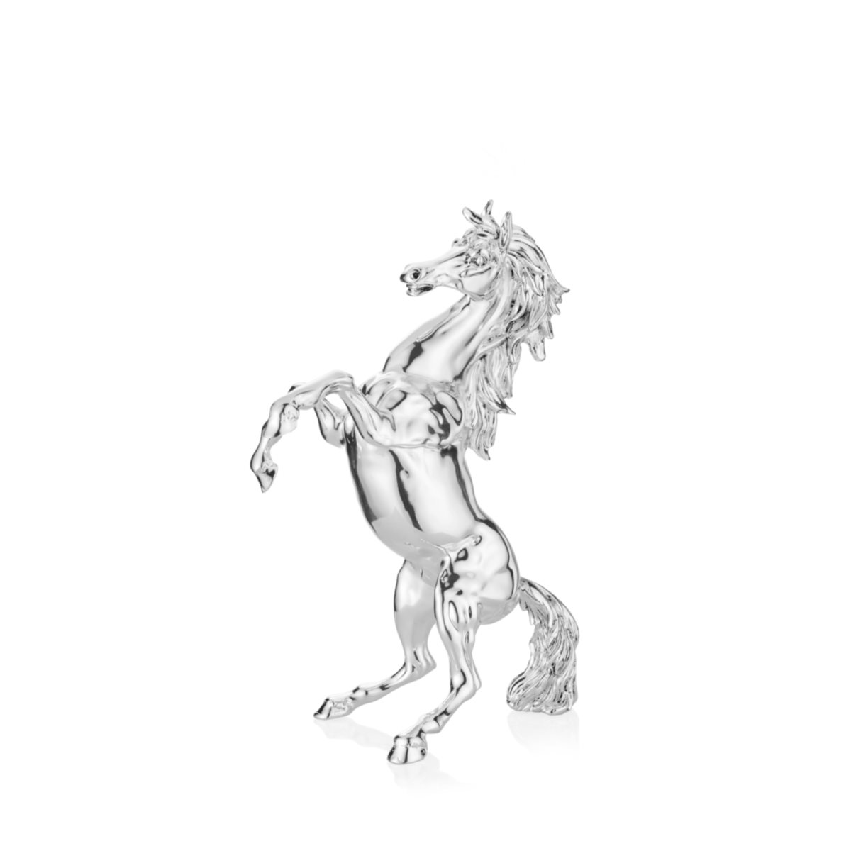 Scultura di cavallo rampante in resina argentata di altezza 14 cm