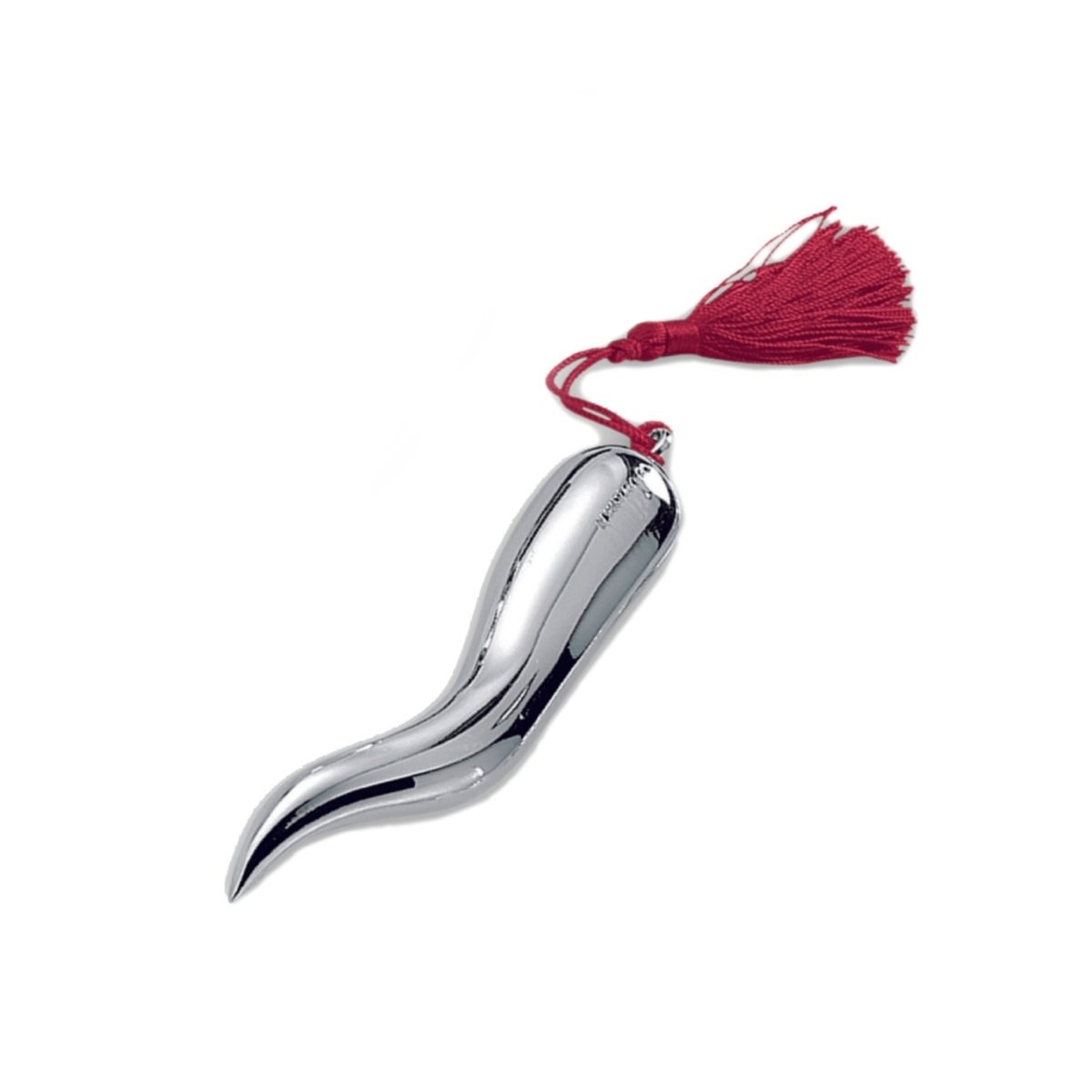 Cornetto portafortuna l. 8 cm in resina argentata con nappina rossa