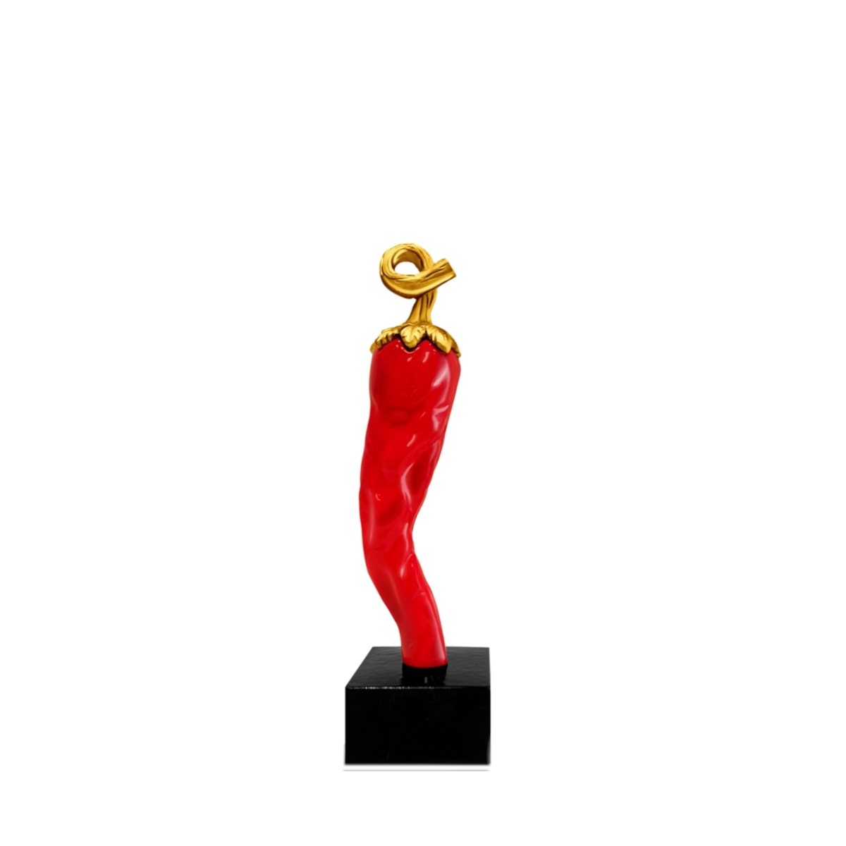 Scultura di peperoncino piccante rosso con picciolo dorato in resina h. 12 cm