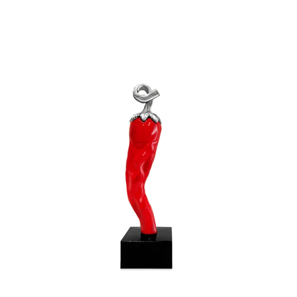 Scultura di peperoncino piccante rosso con picciolo argentato in resina h. 12 cm