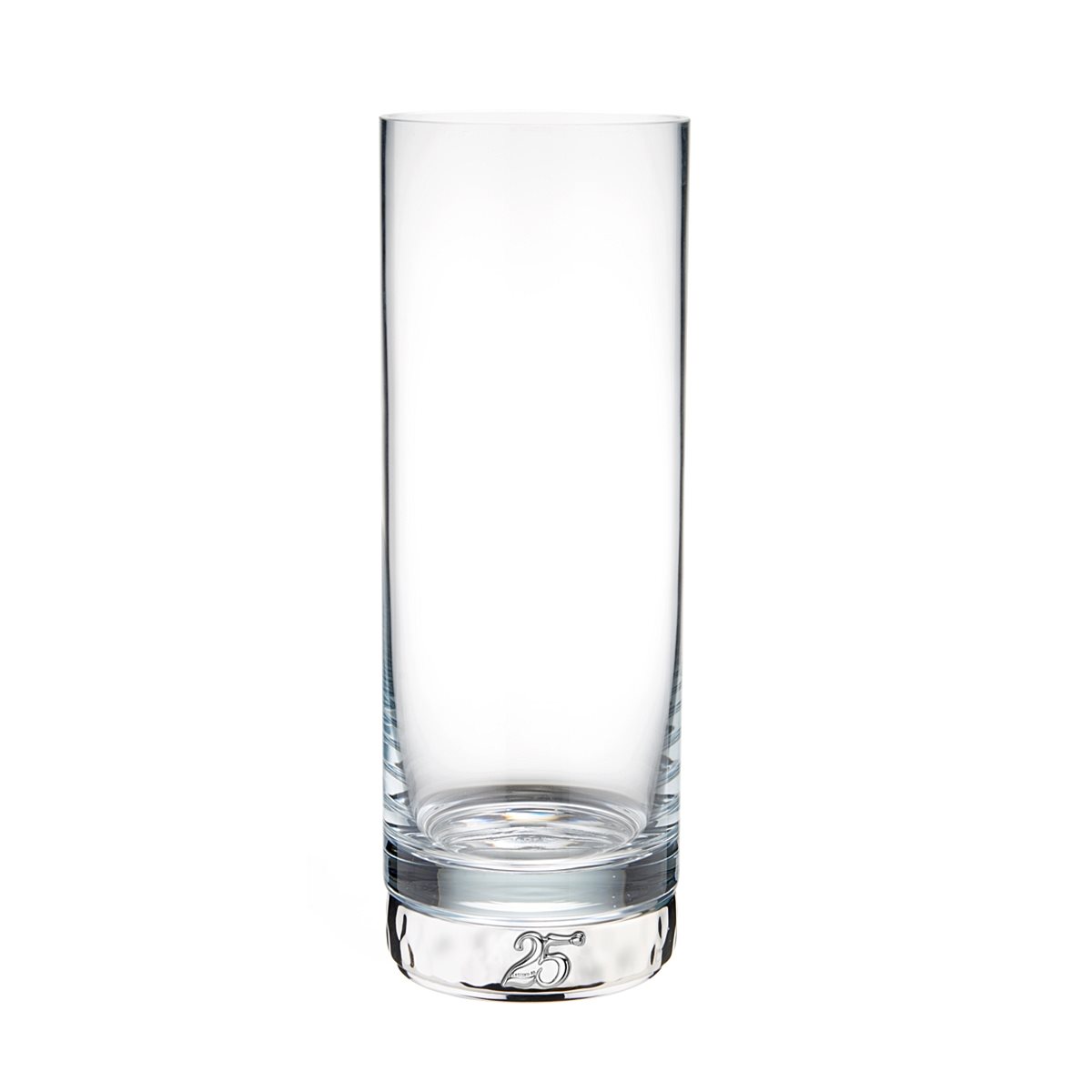 Vaso cilindrico per le nozze d'argento in vetro con base in resina argentata decorata con il simbolo del 25 anniversario