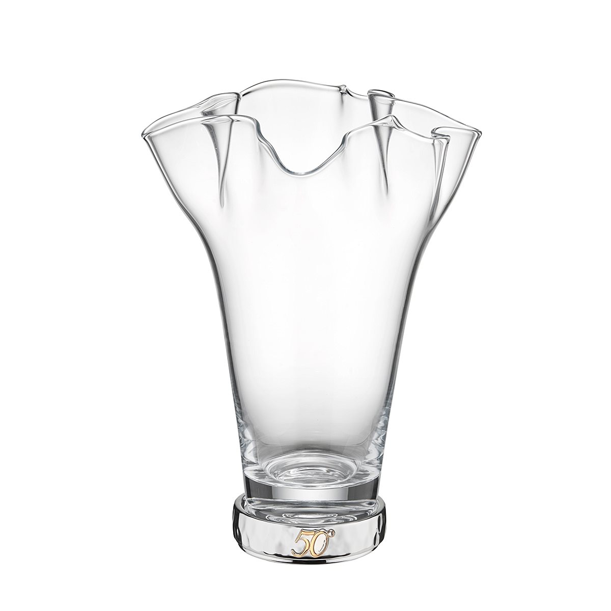 Vaso a fazzoletto per le nozze d'oro in vetro con base in resina argentata decorata con il simbolo dorato del 50 anniversario