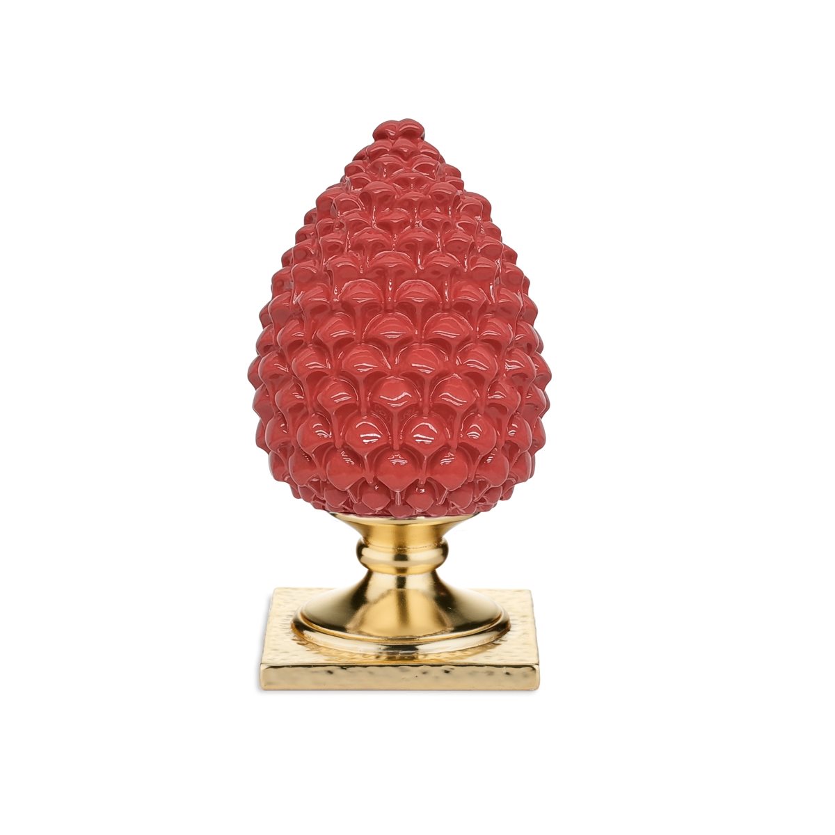 Scultura in resina con base dorata e pigna color corallo h. 13 cm