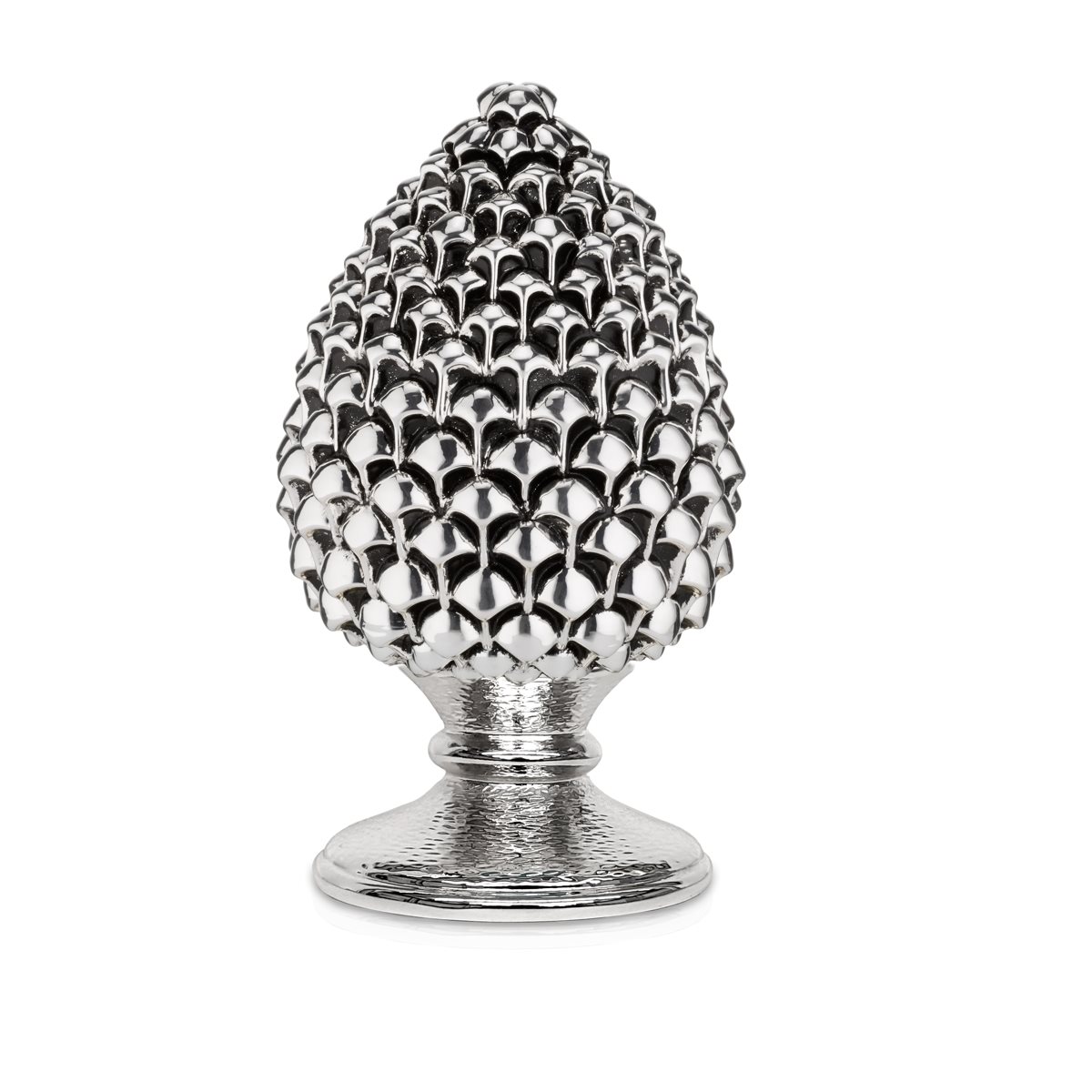 Scultura a forma di pigna in resina argentata e brunita h. 18 cm