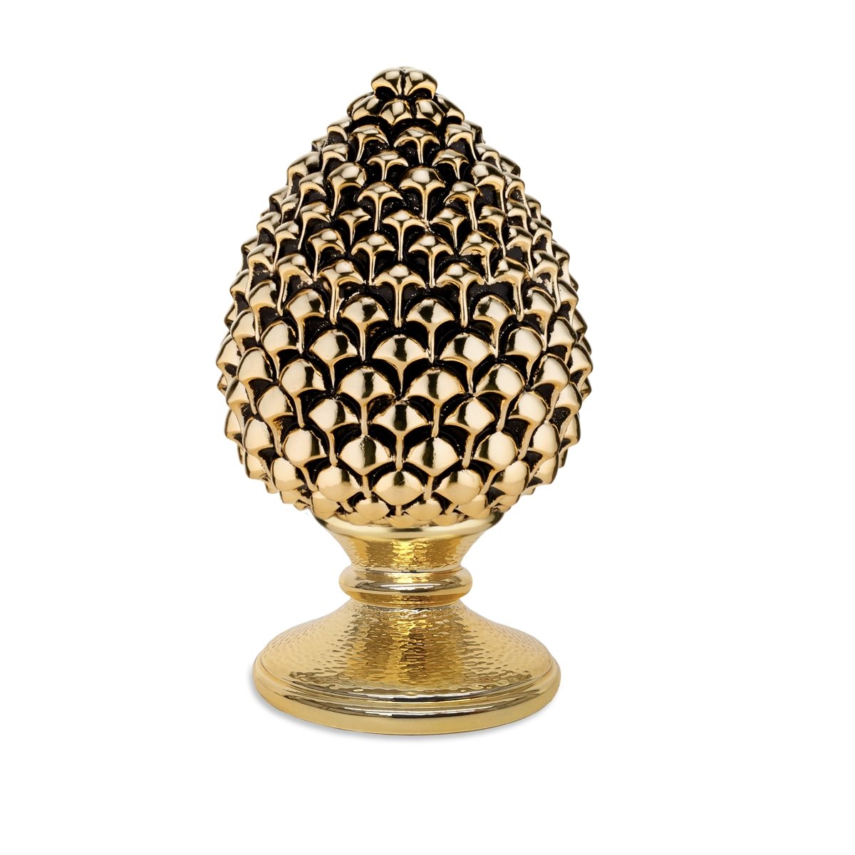Scultura a forma di pigna in resina dorata e brunita h. 18 cm