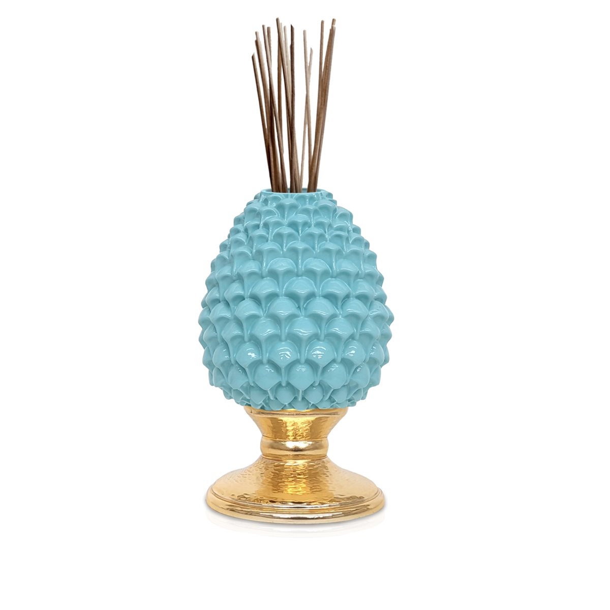 Profumatore per ambiente in resina con pigna turchese e base dorata h. 15,5 cm