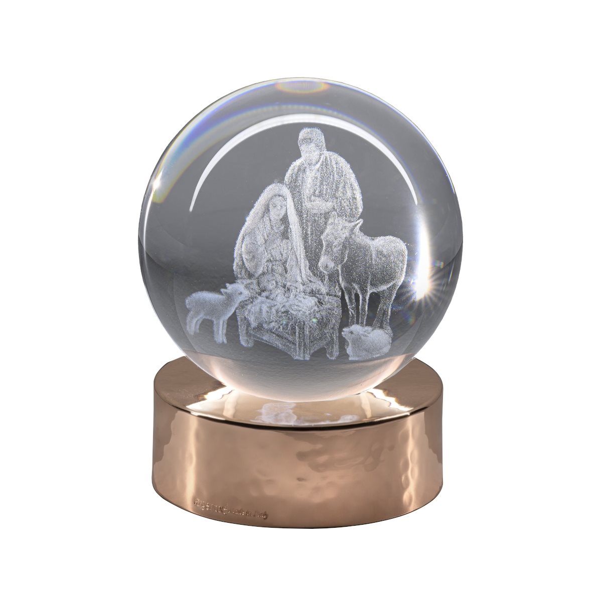Lampada di ambientazione wireless con sfera in vetro, incisione a laser con la scena della nativit e base ramata lucida diam. 8 cm