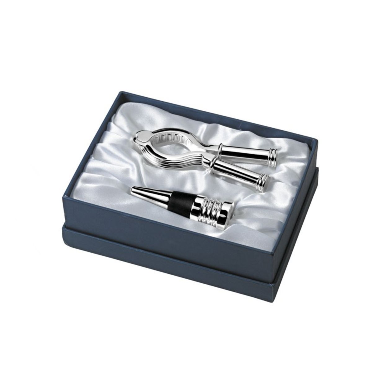 Set champagne con cavatappi e tappo in acciaio silver plated in confezione regalo