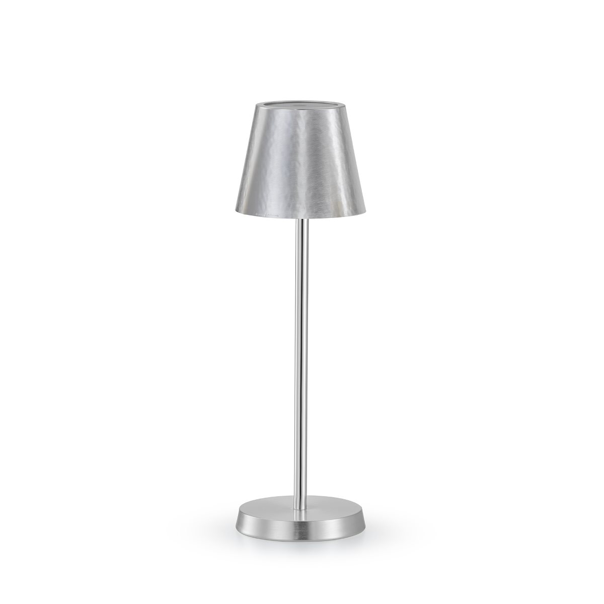 Lampada wireless sirius in ottone argentato spazzolato con stelo a tubo dritto, illuminazione regolabile e ricarica usb