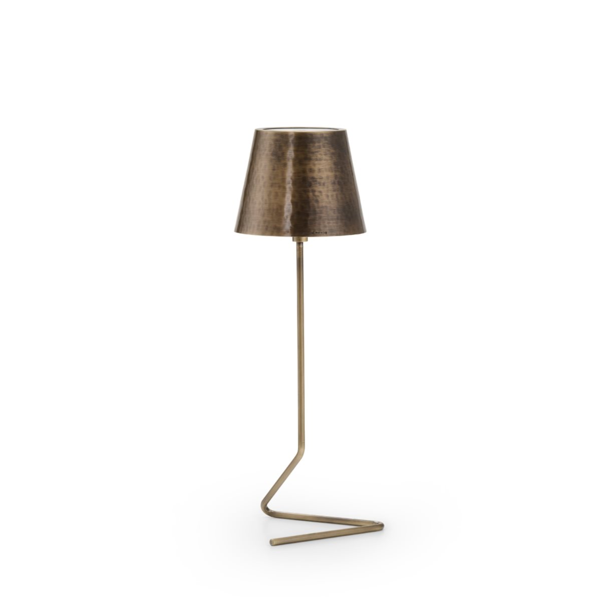 Lampada wireless vega pro a stelo in ottone con finitura anticata e base triangolare, illuminazione regolabile e ricarica usb