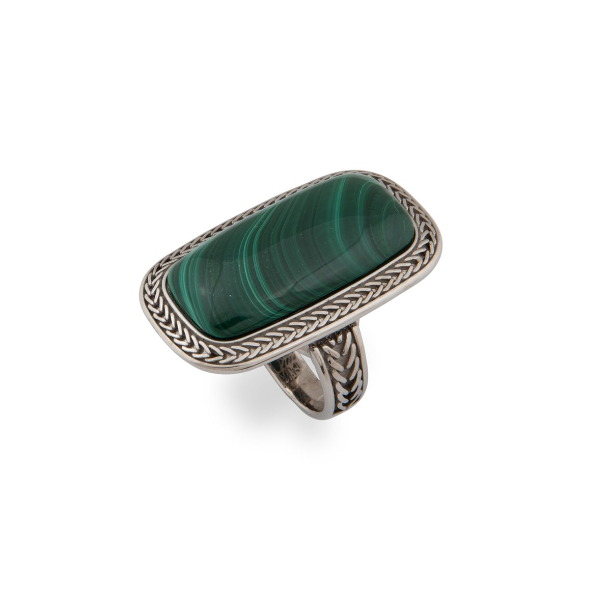 Anello carattere malachite realizzato in argento 925 brunito dal brand dueaerre 1938