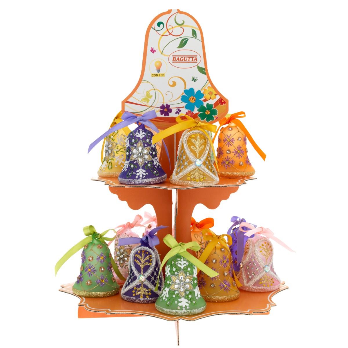 Expokit composto da 15 campanelle in vetro soffiato colorato e decorato con strass a illuminazione led h. 8 cm