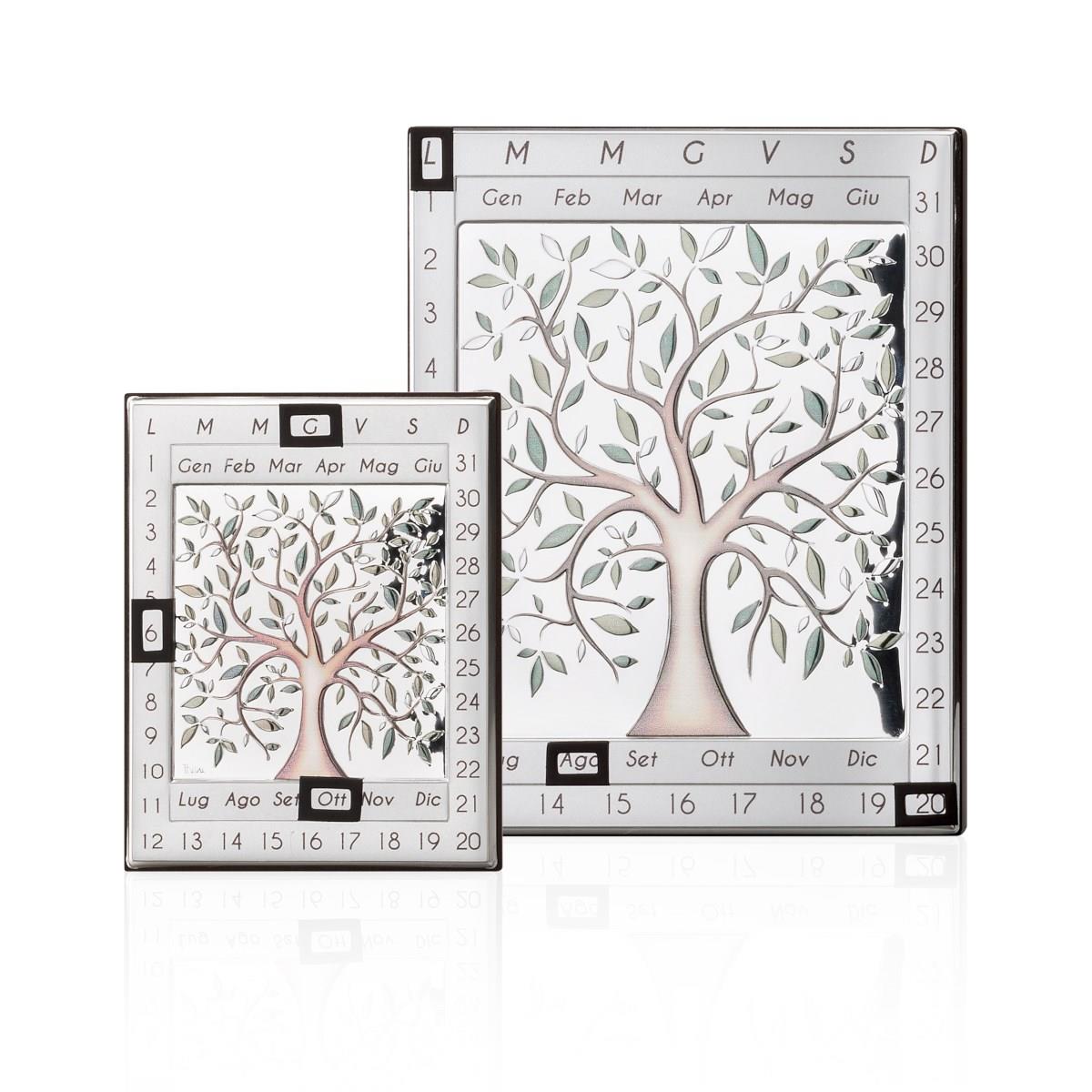 Calendario perpetuo da scrivania o da parete in argento laminato con albero della vita colorato di misura 11 cm x 14 cm