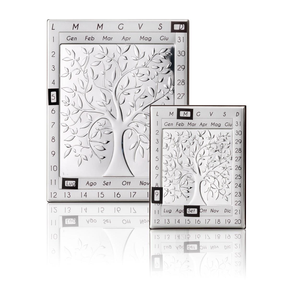 Calendario perpetuo da scrivania o da parete in argento laminato con albero della vita di misura 11 cm x 14 cm