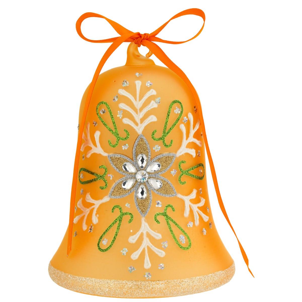 Campanella in vetro soffiato arancione decorato con strass a illuminazione led h. 15 cm
