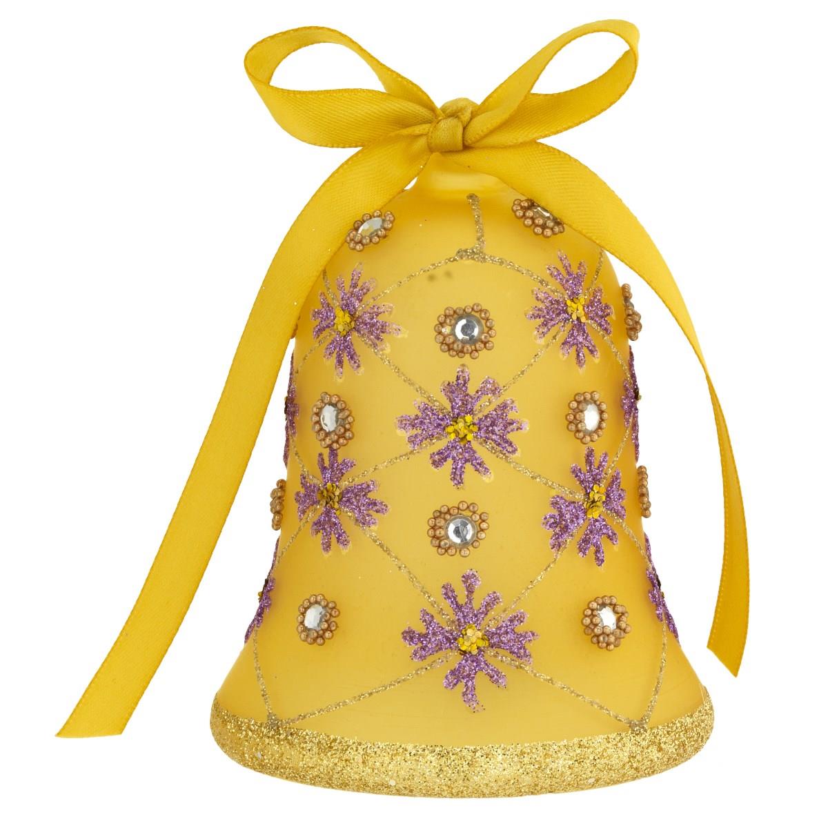 Campanella in vetro soffiato giallo decorato con strass a illuminazione led h. 10 cm