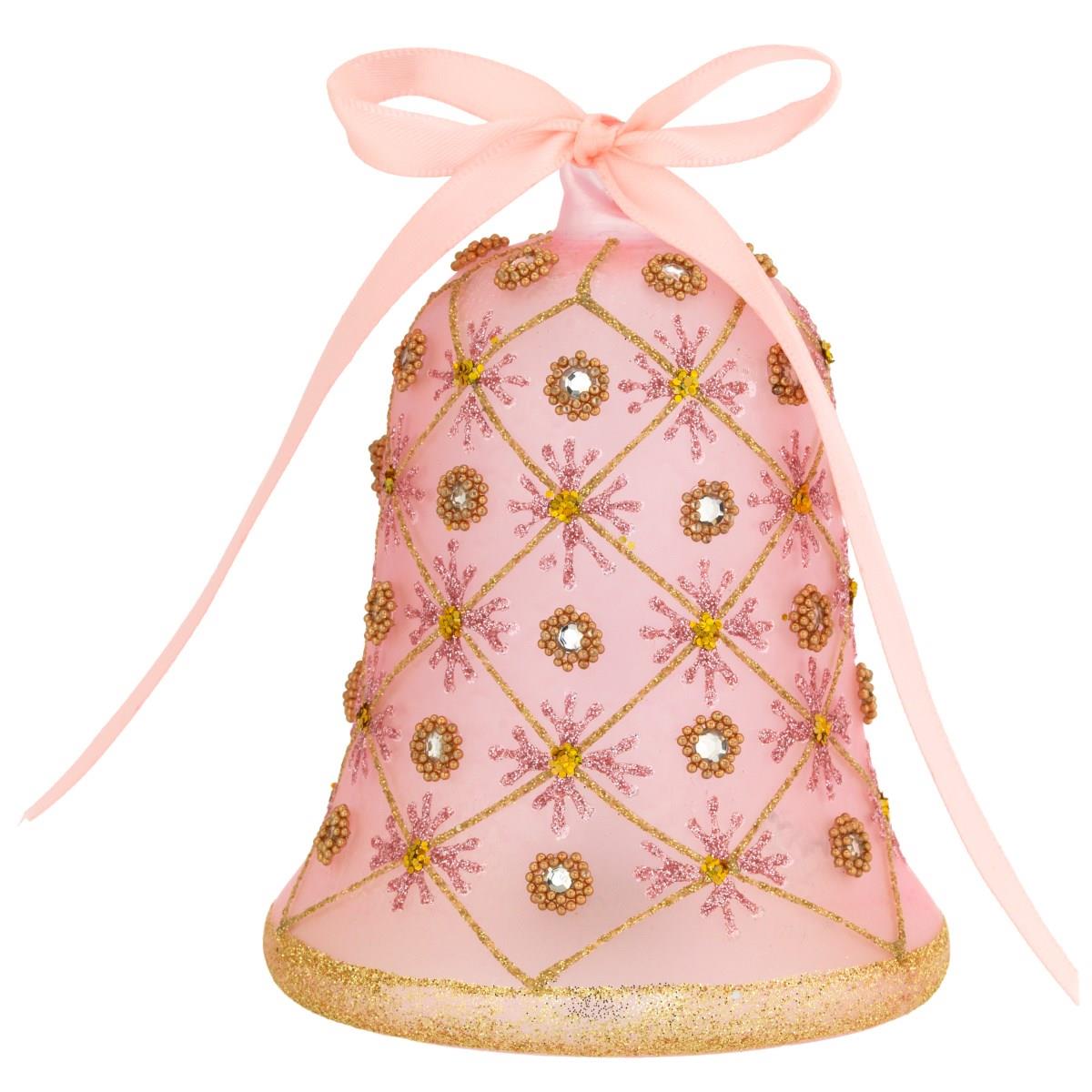 Campanella in vetro soffiato rosa decorato con strass a illuminazione led h. 12 cm