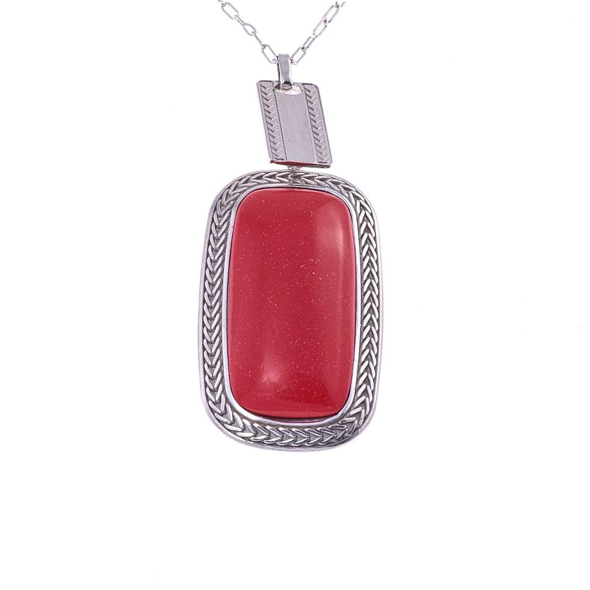 Collana girocollo carattere in argento brunito con pendente in pasta di corallo rosso