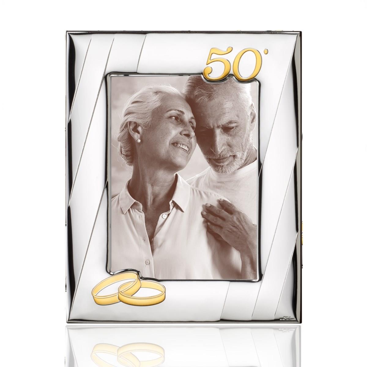 Cornice 13x18 per le nozze d'oro in argento laminato con simboli del 50 anniversario e decorazione moderna