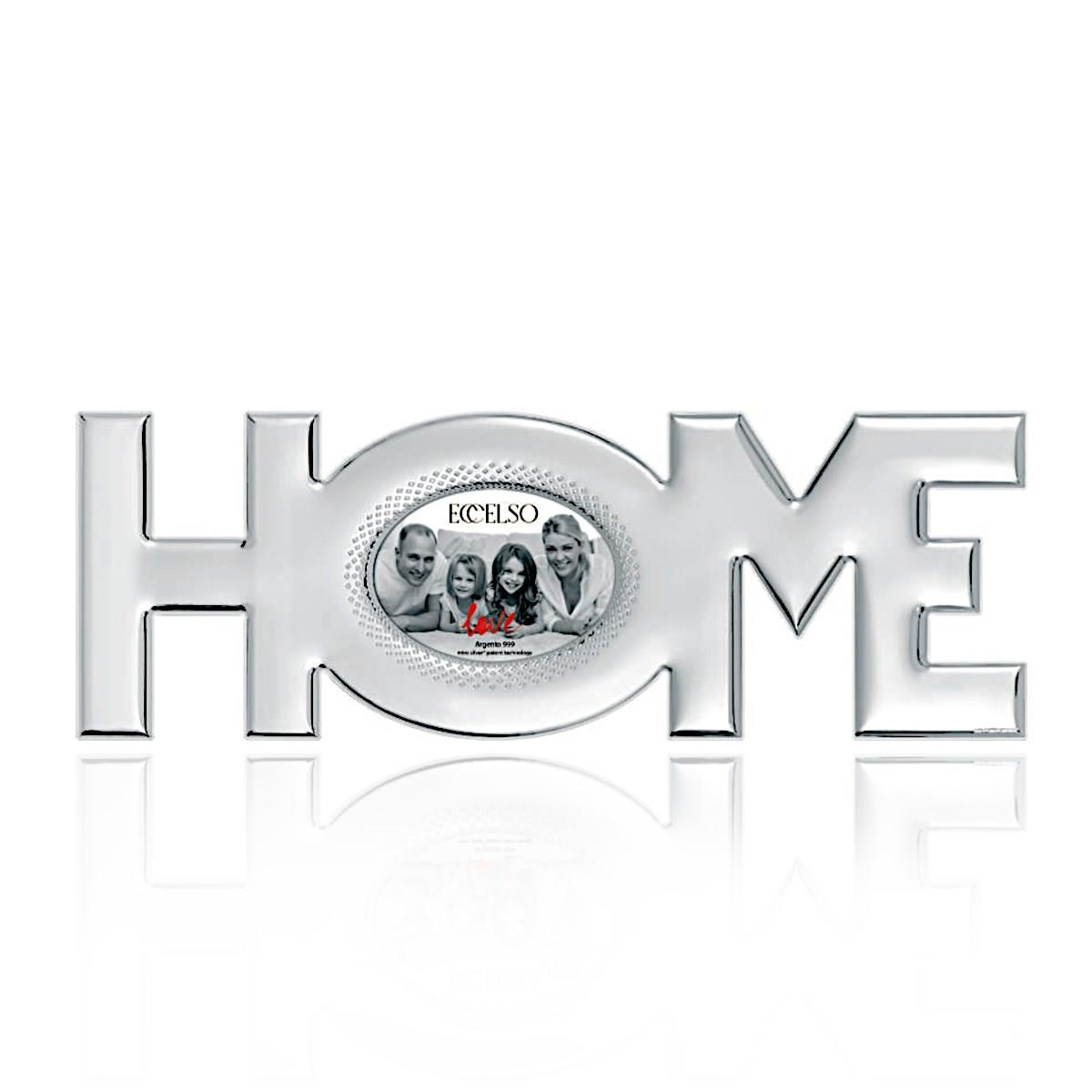 Cornice in argento laminato con scritta home sagomata da appoggio e da parete
