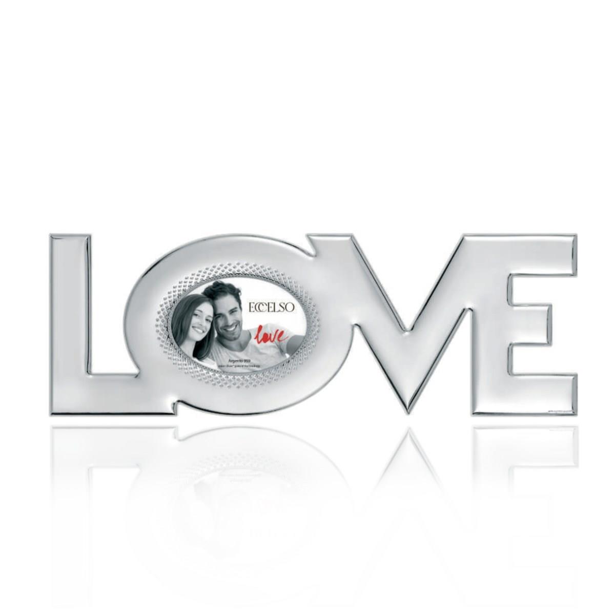 Cornice in argento laminato con scritta love sagomata da appoggio e da parete