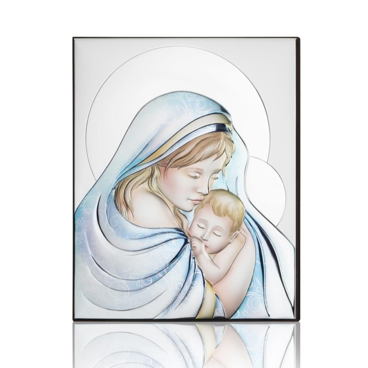 Icona moderna con madonna con bambino in argento laminato e colorato su pannello in legno color weng mis. 11,5x14