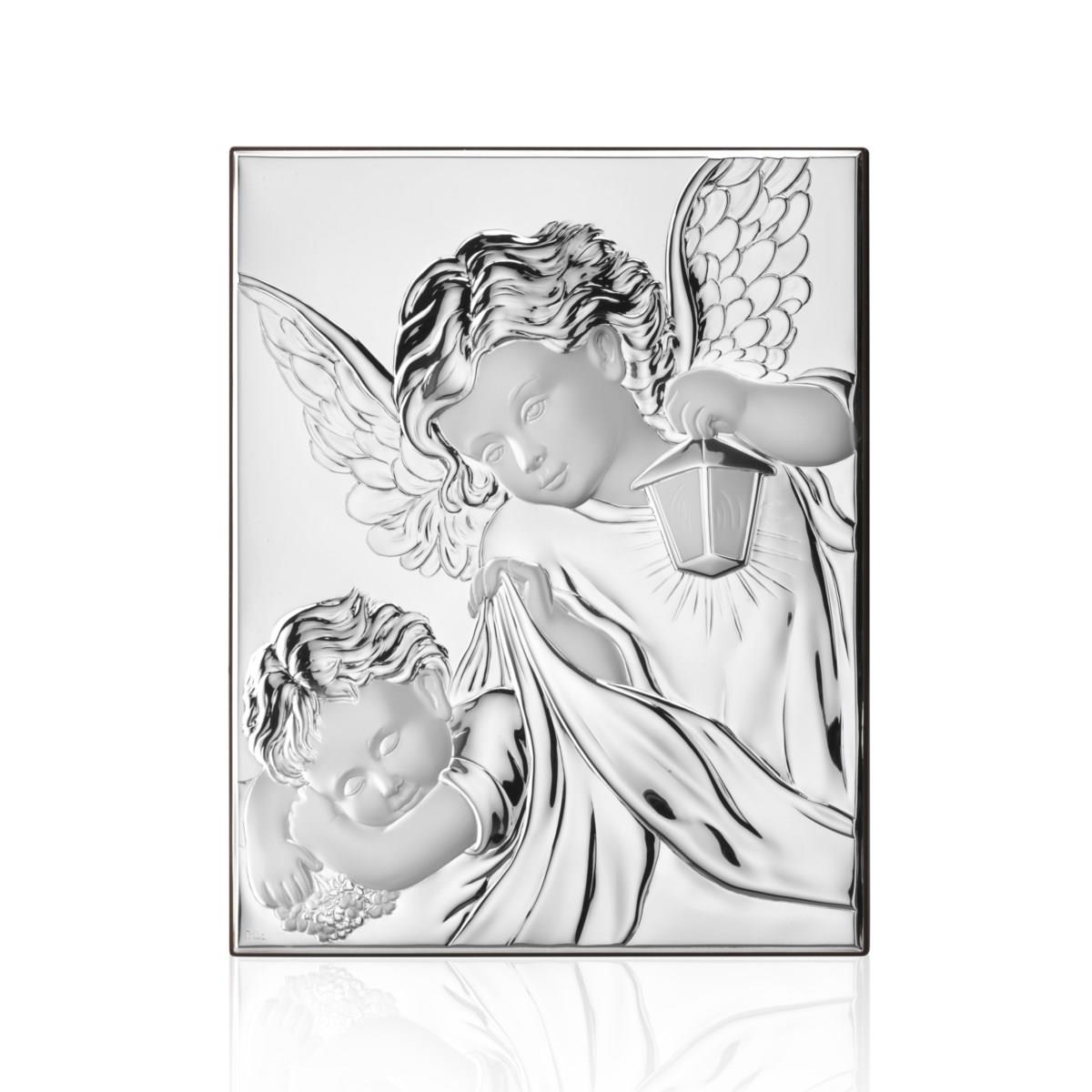 Icona sacra con angelo custode con lanterna in argento laminato con finitura lucida e satinata da appoggio e da parete di misura 11,5 cm x 14 cm