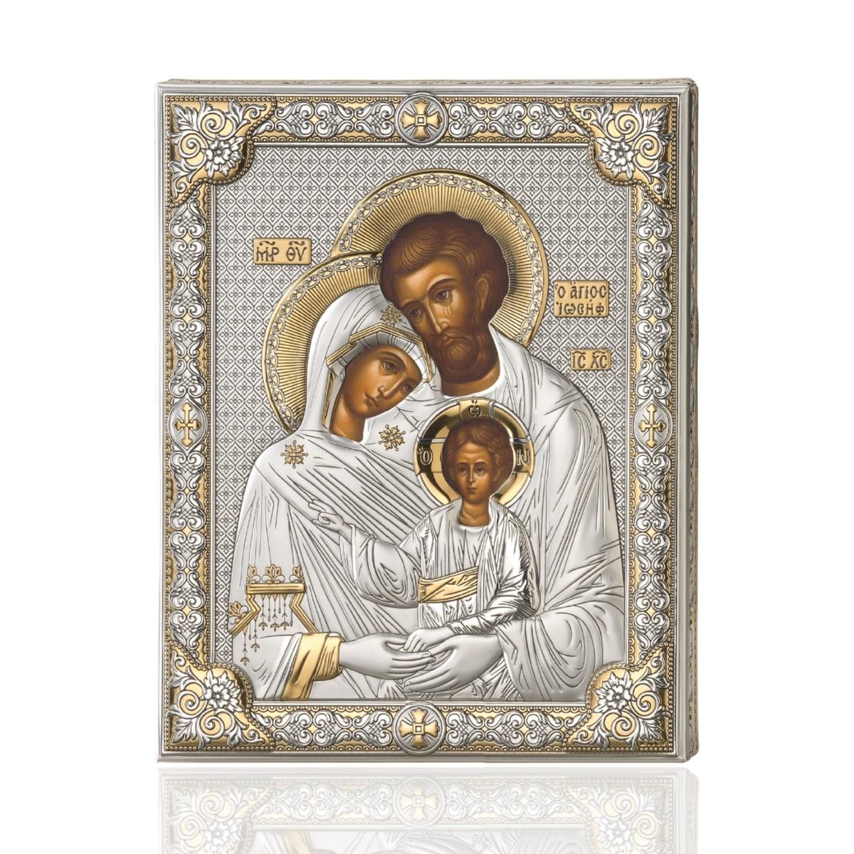 Icona con sacra famiglia in stile tradizionale russo rivestita in argento laminato di misura 16 cm x 20 cm