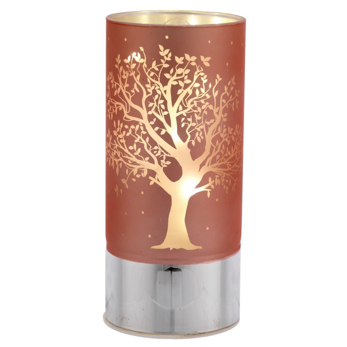 Lampada di ambientazione grande a led in vetro con albero della vita rosa e base in argento laminato