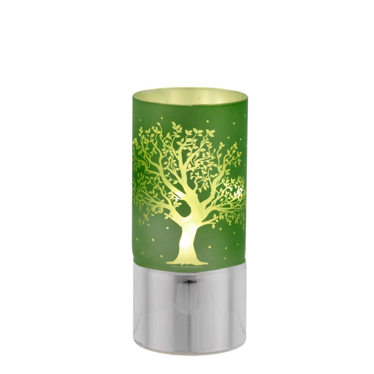 Lampada di ambientazione piccola a led in vetro con albero della vita verde e base in argento laminato per bomboniera
