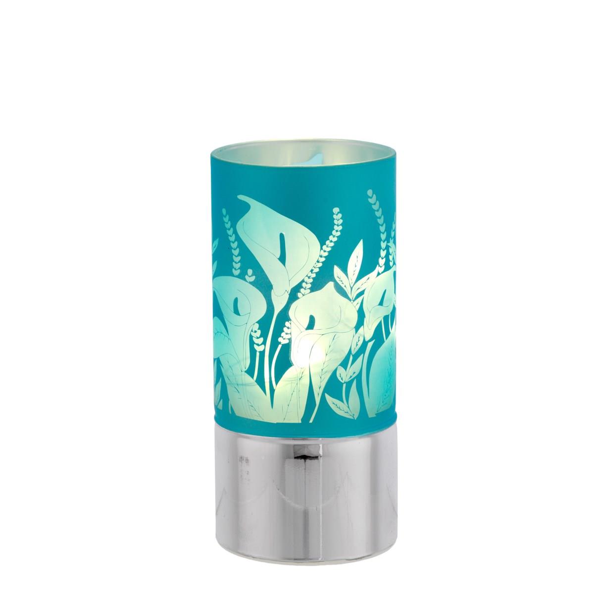 Lampada di ambientazione piccola a led in vetro con calle azzurre e base in argento laminato per bomboniera